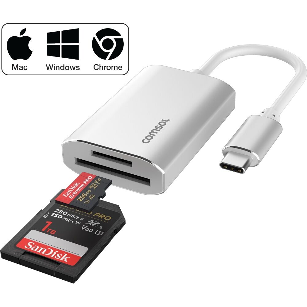 Comsol USB-C to SD & Micro 4.0 Monitor Computer Reader Cable Silver