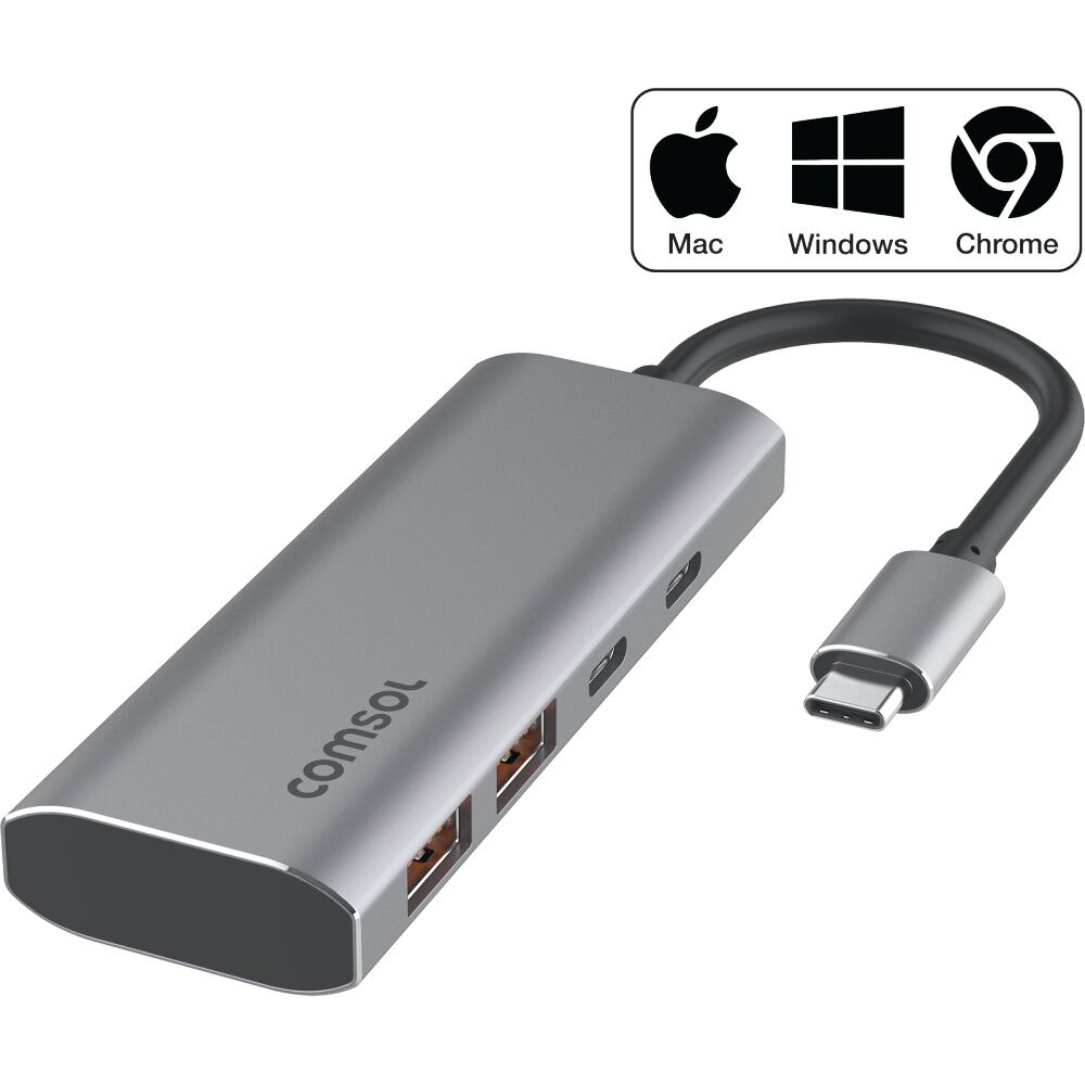 Comsol USB-C Monitor Computer 4 Port Hub Device 10Gbps Silver