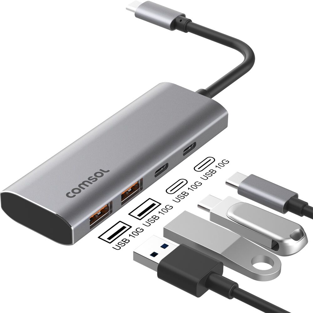 Comsol USB-C Monitor Computer 4 Port Hub Device 10Gbps Silver