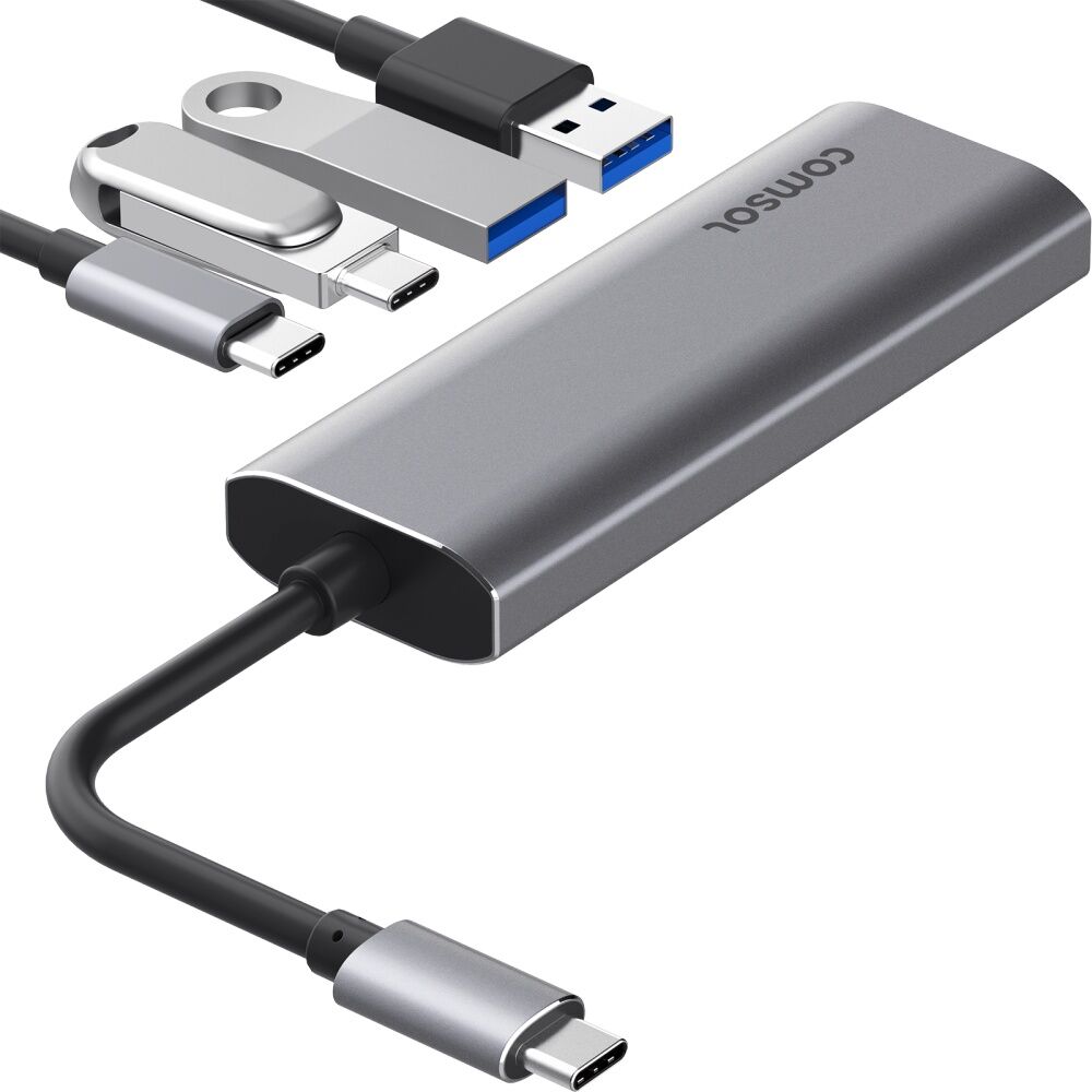 Comsol USB-C Monitor Computer 4 Port Hub Device 10Gbps Silver