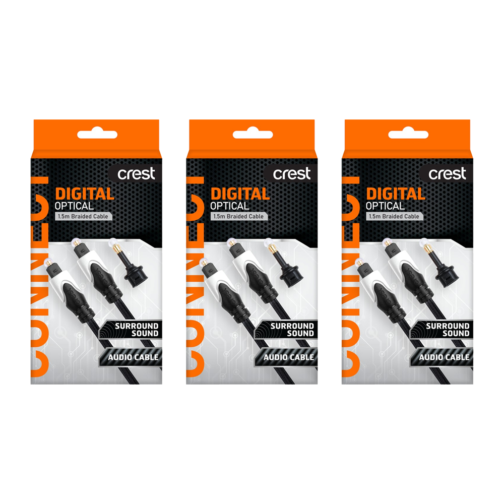 3PK Crest Digital Optical Toslink Cable Gold Plated Braided W/ Mini Adapter 1.5m