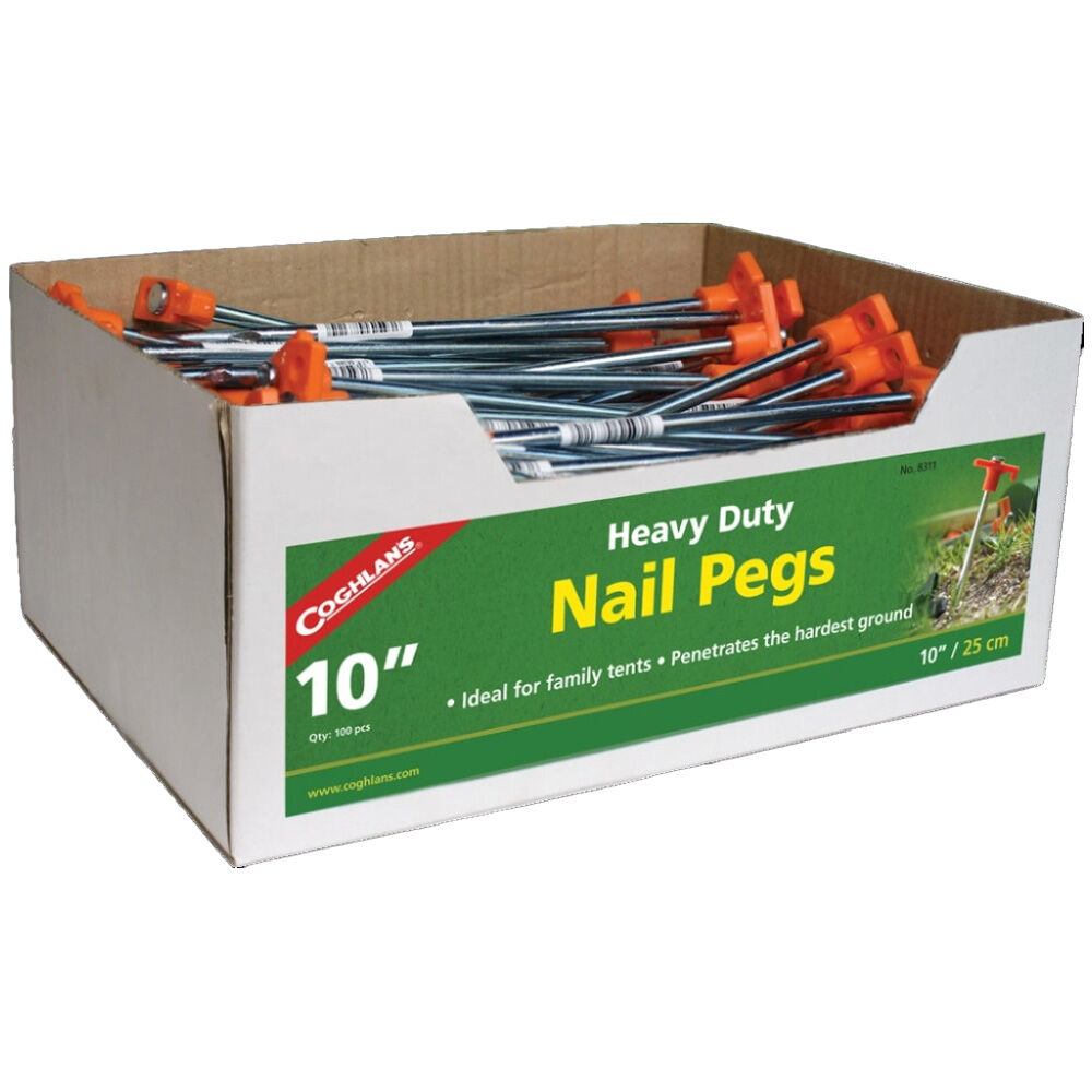 100pc Coghlans 10 Inch HD Nail Pegs Heavy Duty Steel Bulk Lot 25cm Length