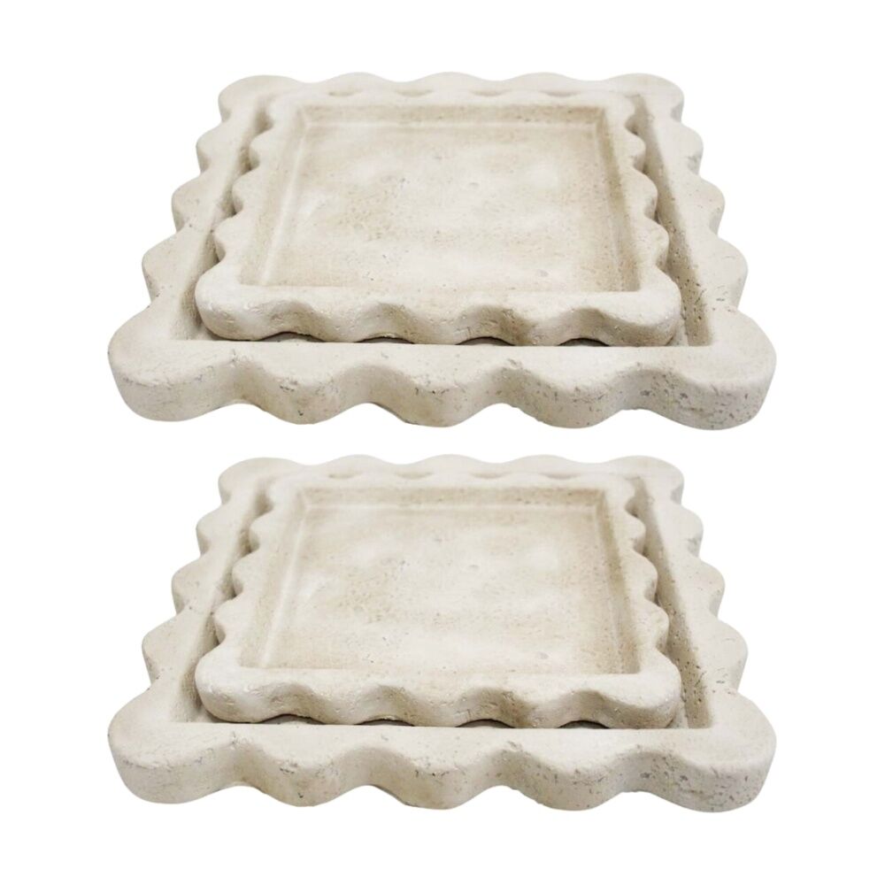 2x 2pc LVD Scallop Sandstone Cement Serving Tray Set Home Decor 25.5x25.5x2.5cm