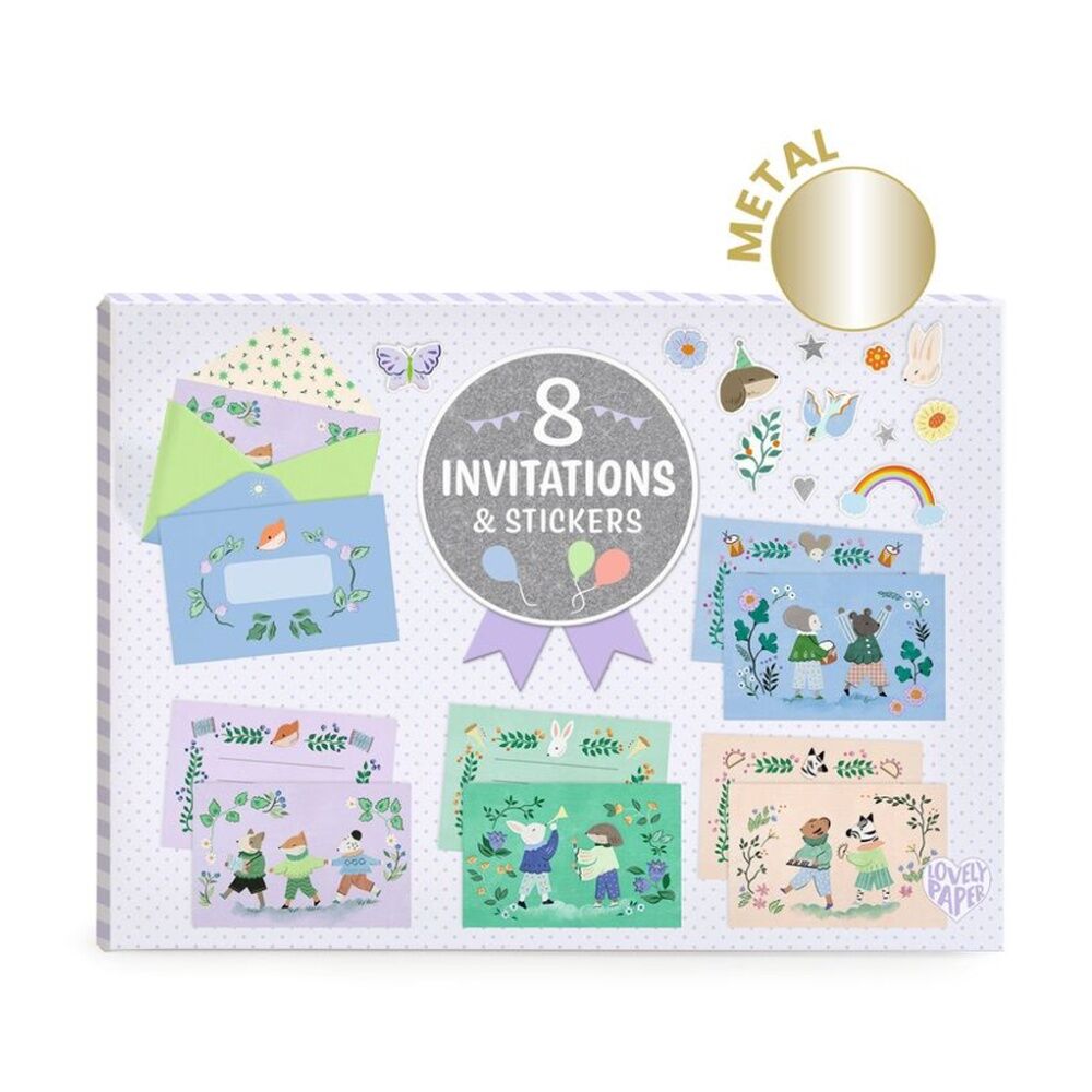 6PK Djeco Animal Fanfare Letter & Invitation Set 8 Cards Envelopes Stickers 5y+