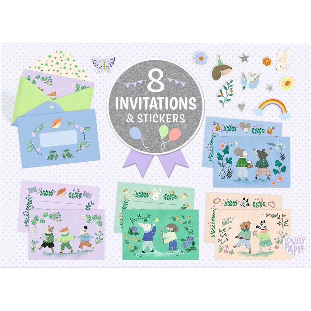 6PK Djeco Animal Fanfare Letter & Invitation Set 8 Cards Envelopes Stickers 5y+