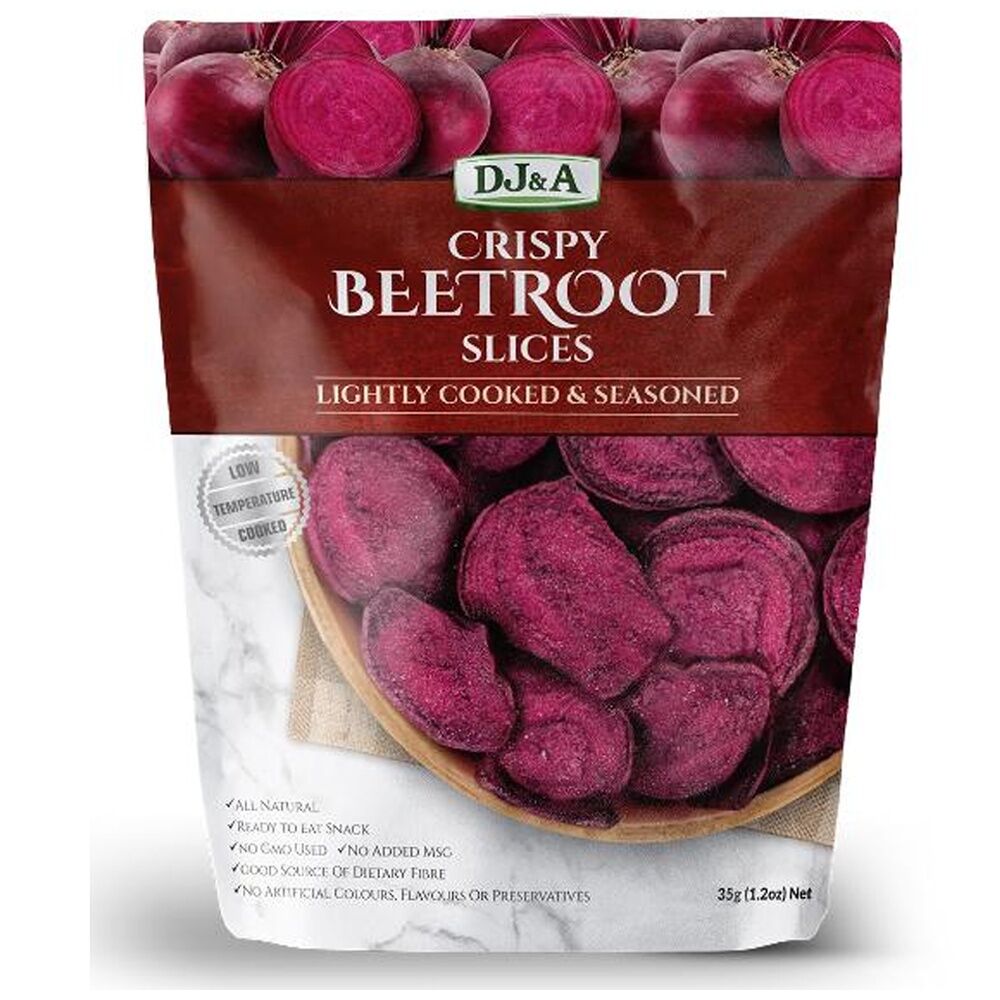 10PK DJ&A Lightly Cooked Veggie Crisps Crispy Beetroot Slices 35g Packet