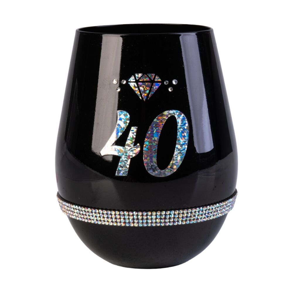 MDI Luxe Stemless Wine Glass Bling Rhinestone 40th Birthday Black