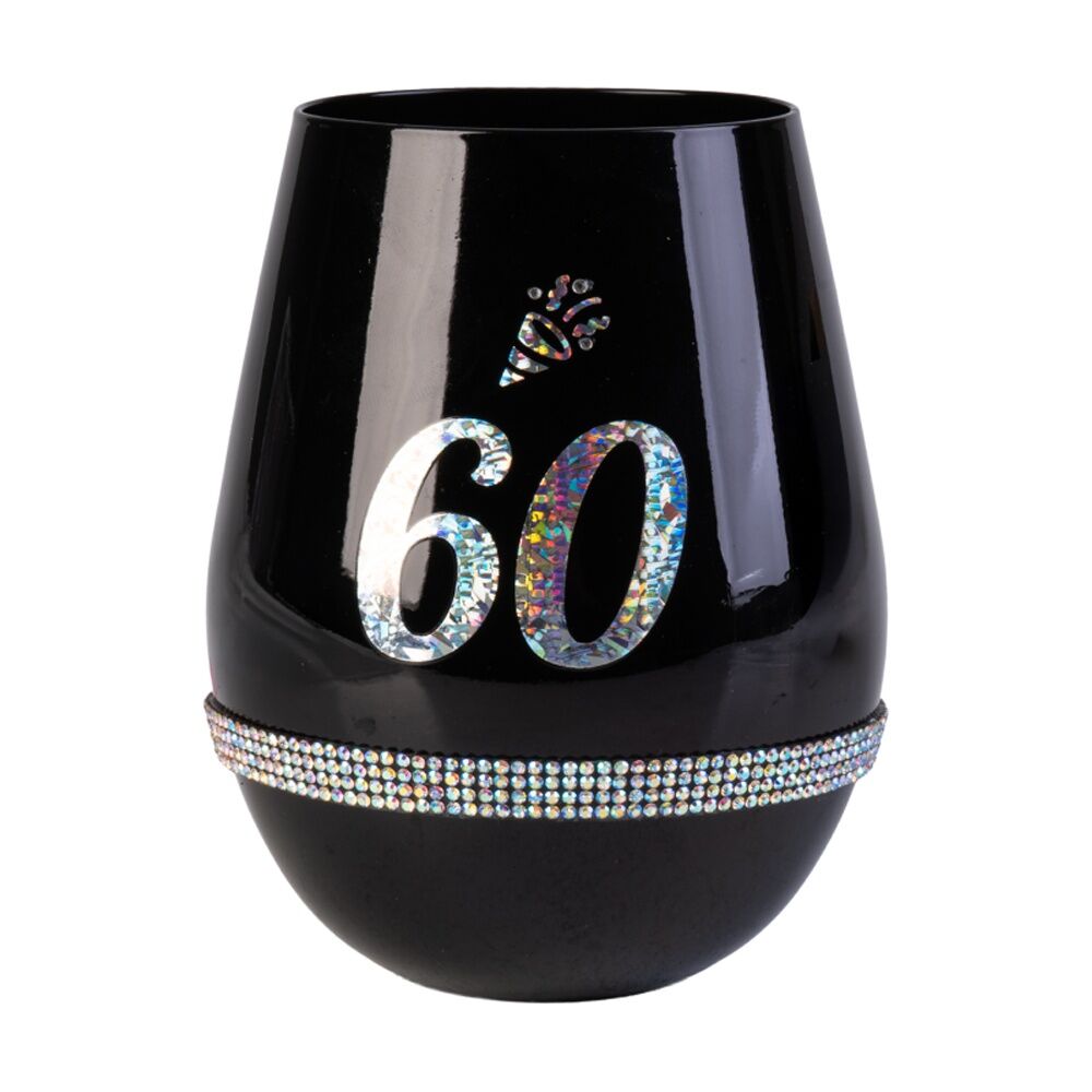 MDI Luxe Stemless Wine Glass Bling Rhinestone 60th Birthday Black
