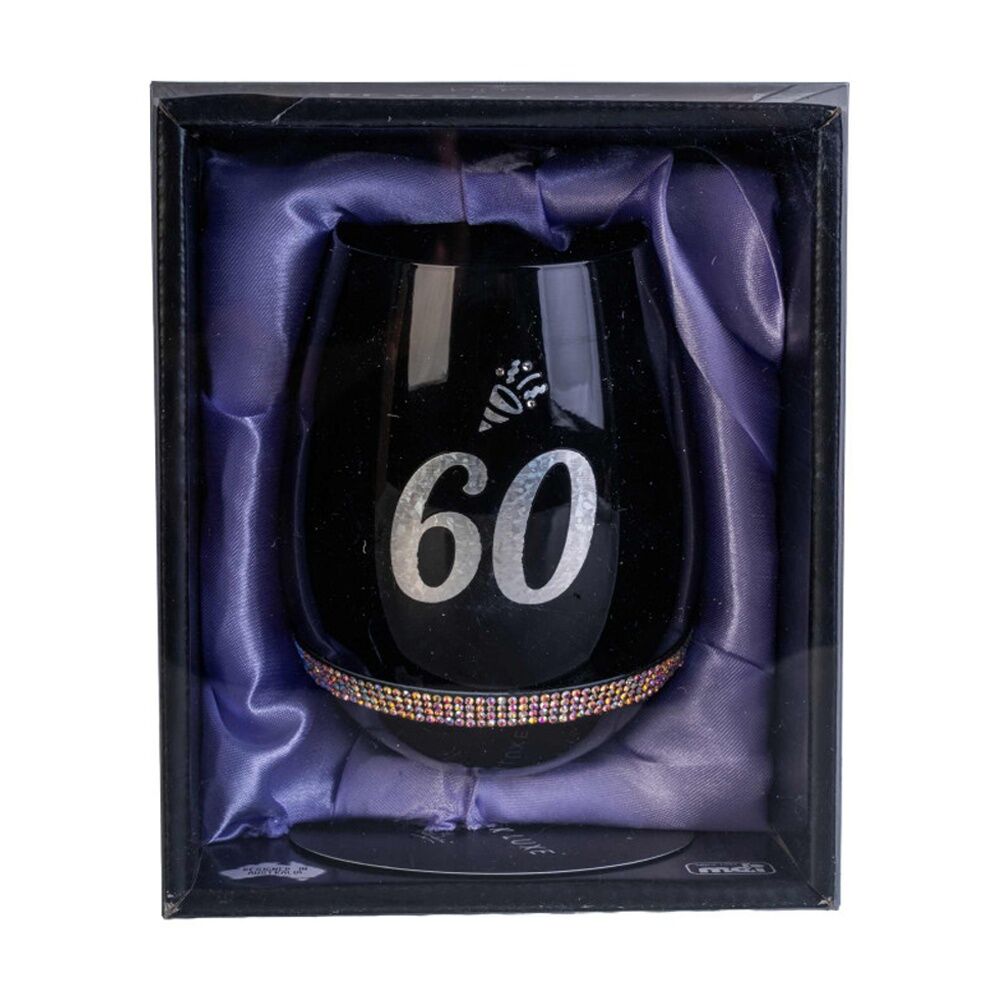 MDI Luxe Stemless Wine Glass Bling Rhinestone 60th Birthday Black