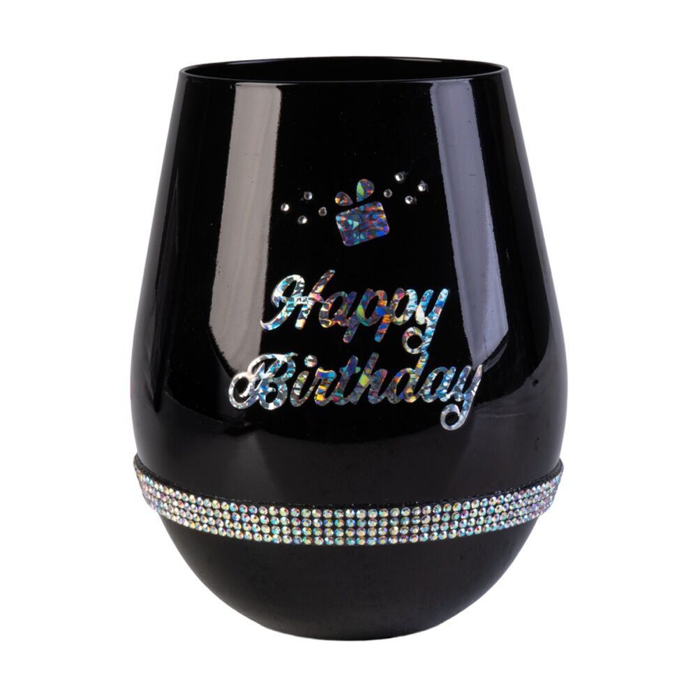 MDI Luxe Stemless Wine Glass Bling Rhinestone Happy Birthday Black