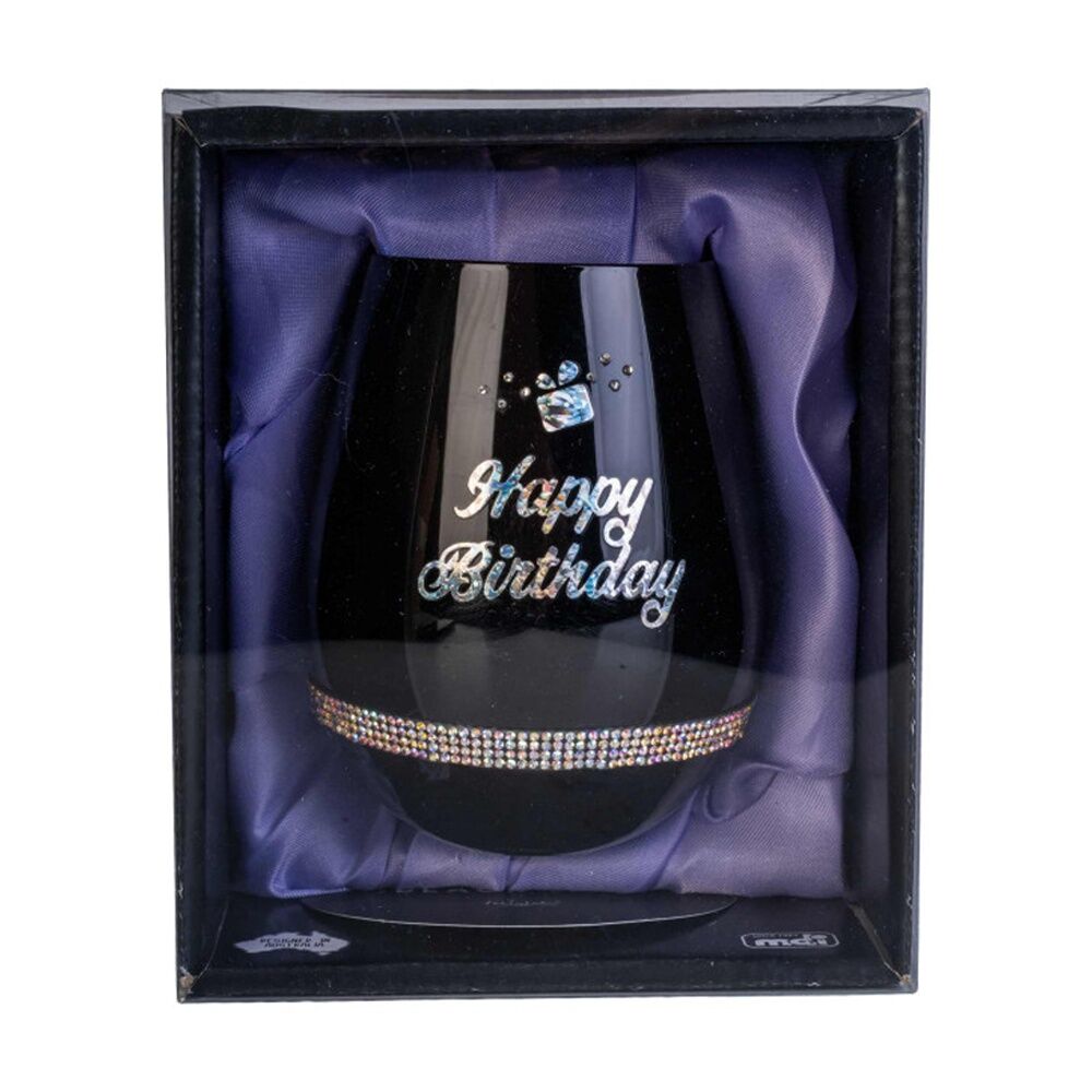 MDI Luxe Stemless Wine Glass Bling Rhinestone Happy Birthday Black