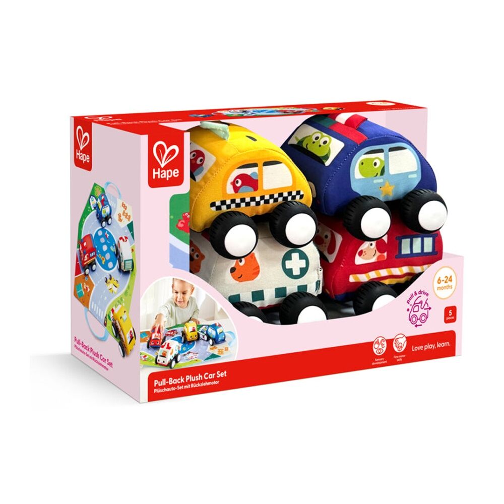 5pc Hape Pull-Back Plush Car Set Soft Fabric Kids Toy 6M Multicolour