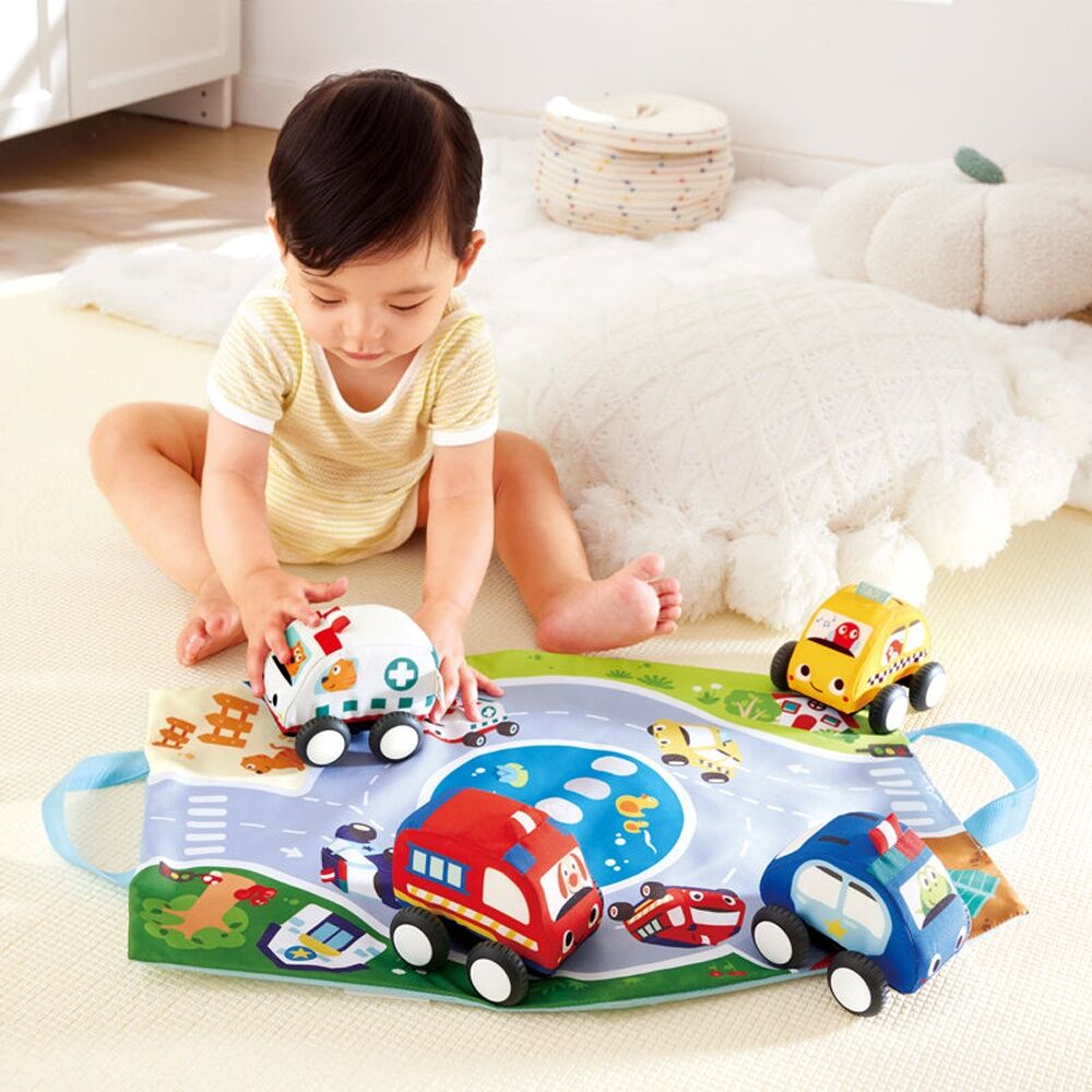 5pc Hape Pull-Back Plush Car Set Soft Fabric Kids Toy 6M Multicolour