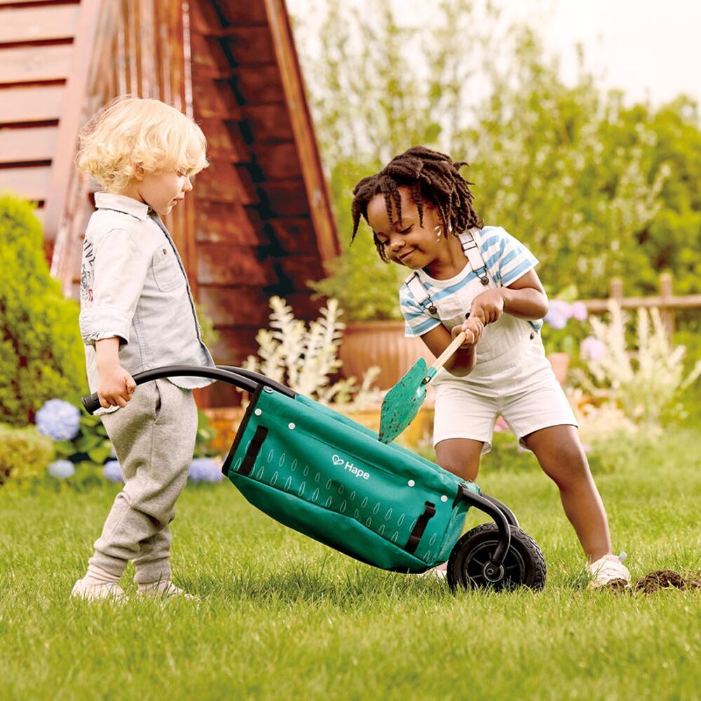 Hape Little Gardeners Wheelbarrow Wooden Gardening Kids Toy 4y+ Green