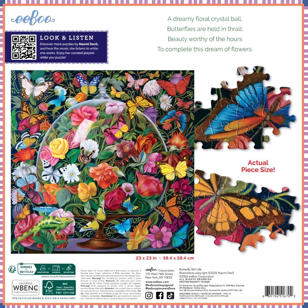 1000pc eeBoo Puzzle Butterfly Still Life Scene Floral Artwork Game