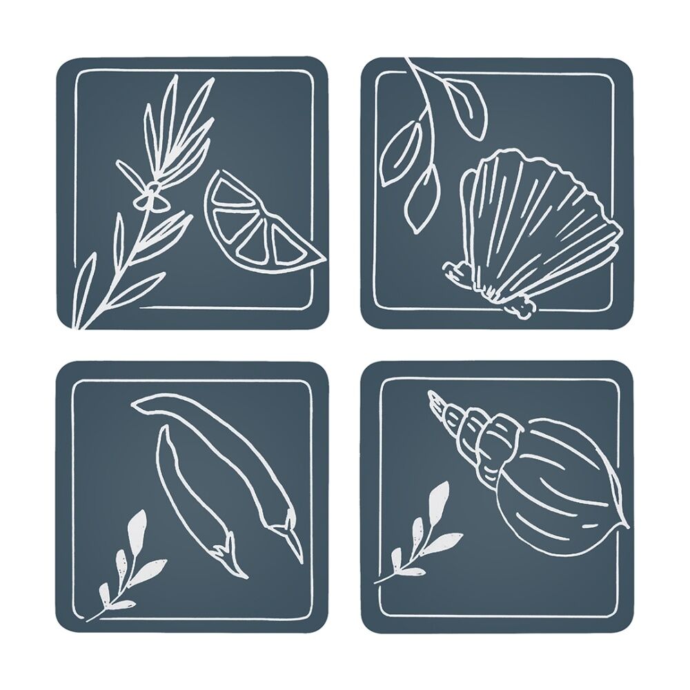 4x 4pc Ecology Ocean Feast Inspired Rectagle Coasters Dark Blue/White 10cm