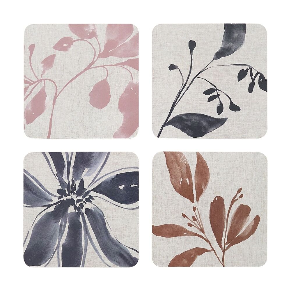 4x 4pc Ecology Hand Drawn Floral Silhouettes Cecile Rectangle Coasters 10cm