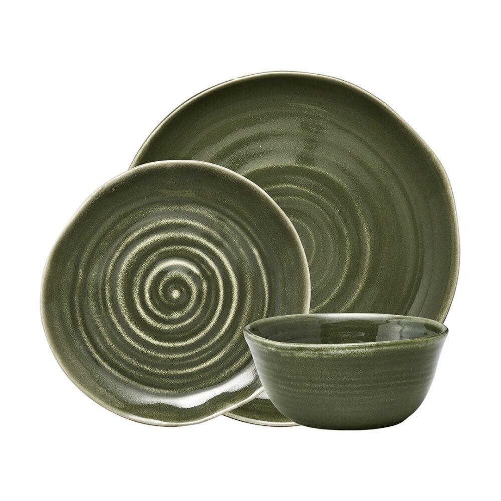 12pc Ecology Ottawa Stoneware Dinner Set Moss Green Textured Dinnerware