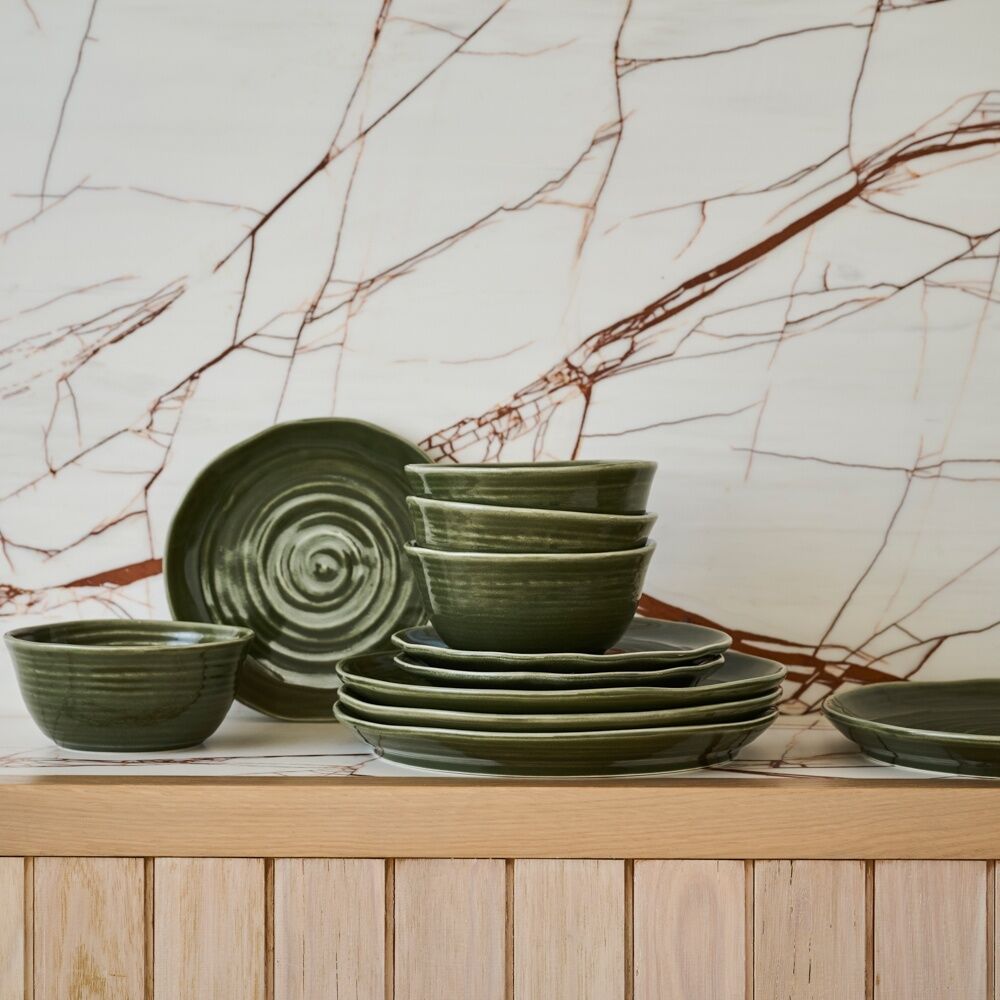 12pc Ecology Ottawa Stoneware Dinner Set Moss Green Textured Dinnerware