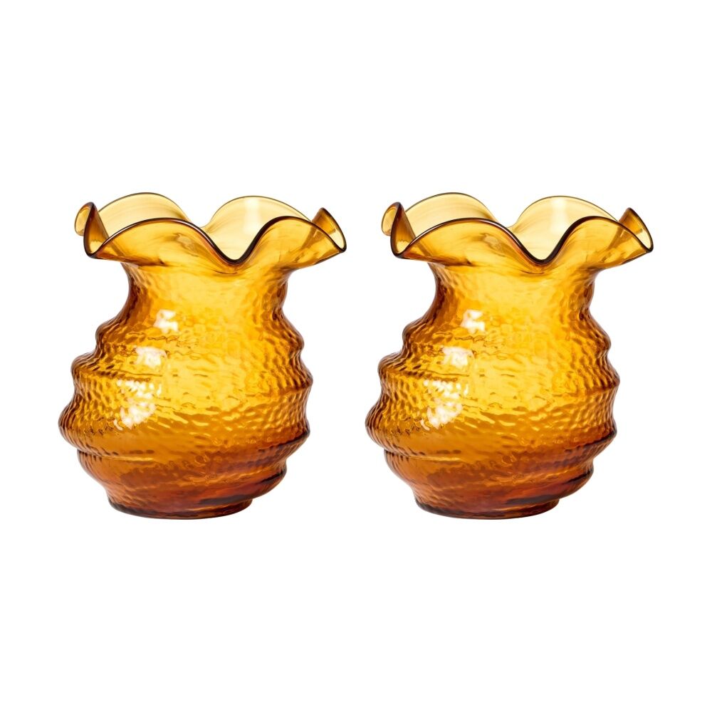 2PK Ecology Wave Vase Soda Lime Glass Textured Home Decor Amber 25cm