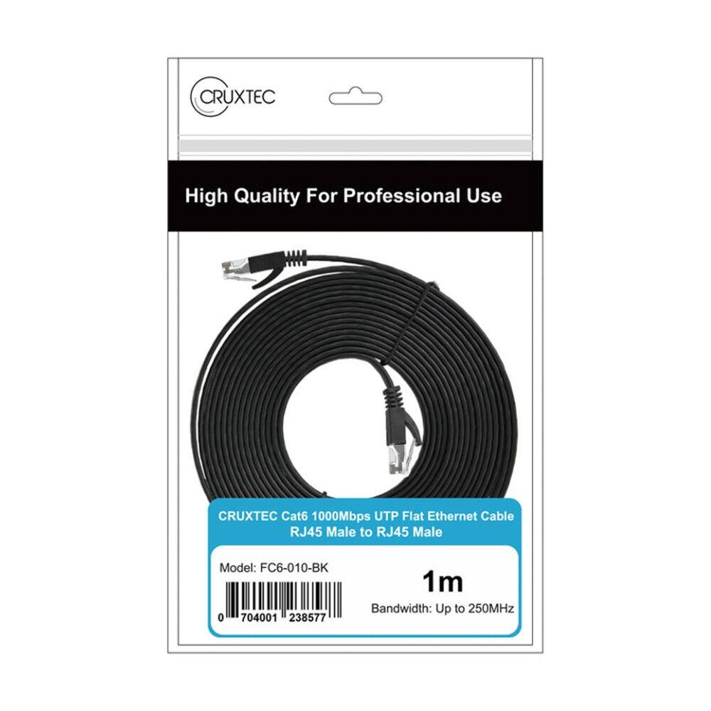 Cruxtec CAT6 UTP Flat Ethernet Cable Gold-Plated RJ45 Gigabit Speed 20m Black