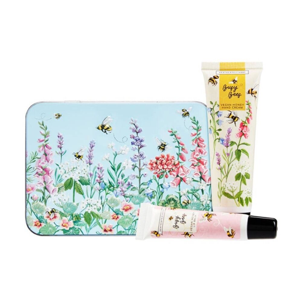 2pc Heathcote & Ivory Busy Bees Hand Cream & Lip Balm Tin Thyme Honey