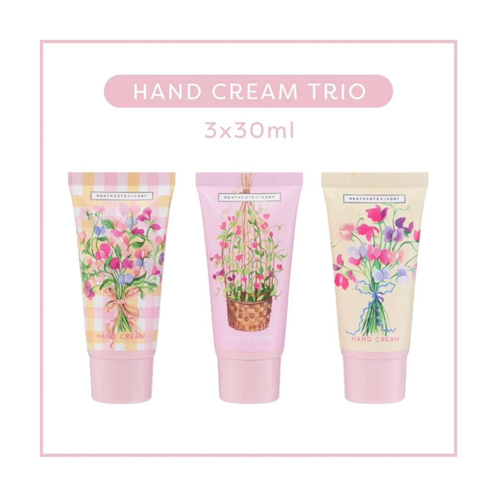 4x 3pc Heathcote & Ivory Sweet Pea Hand Cream Trio Travel Set 30ml
