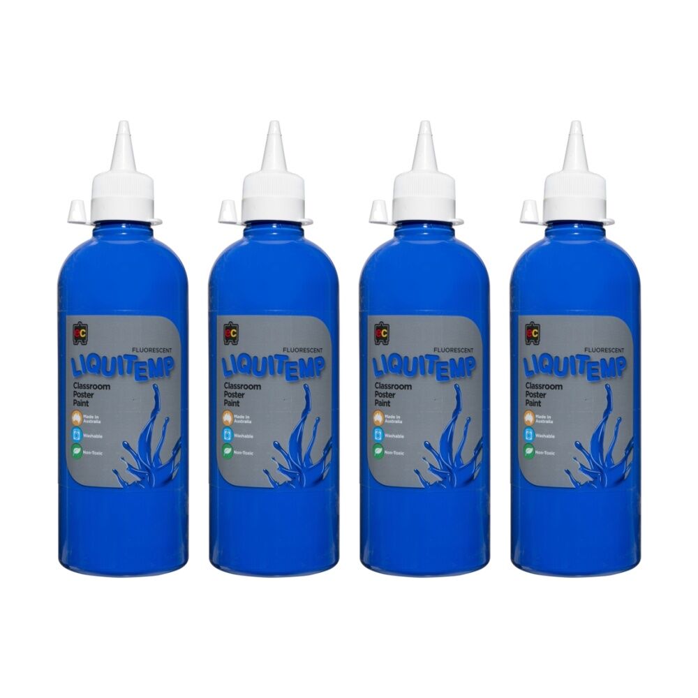 4PK Educational Colours Fluorescent Liquitemp Classroom Poster Paint Blue 500ml