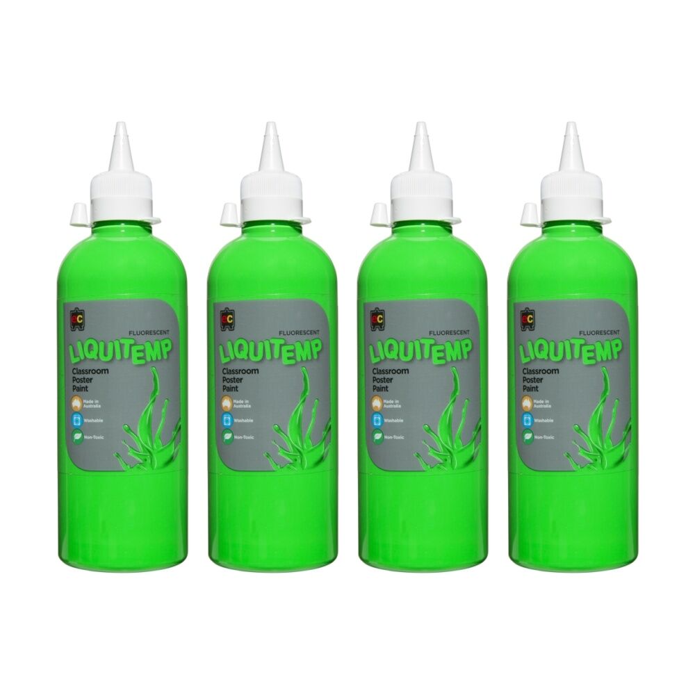 4PK Educational Colours Fluorescent Liquitemp Classroom Poster Paint Green 500ml