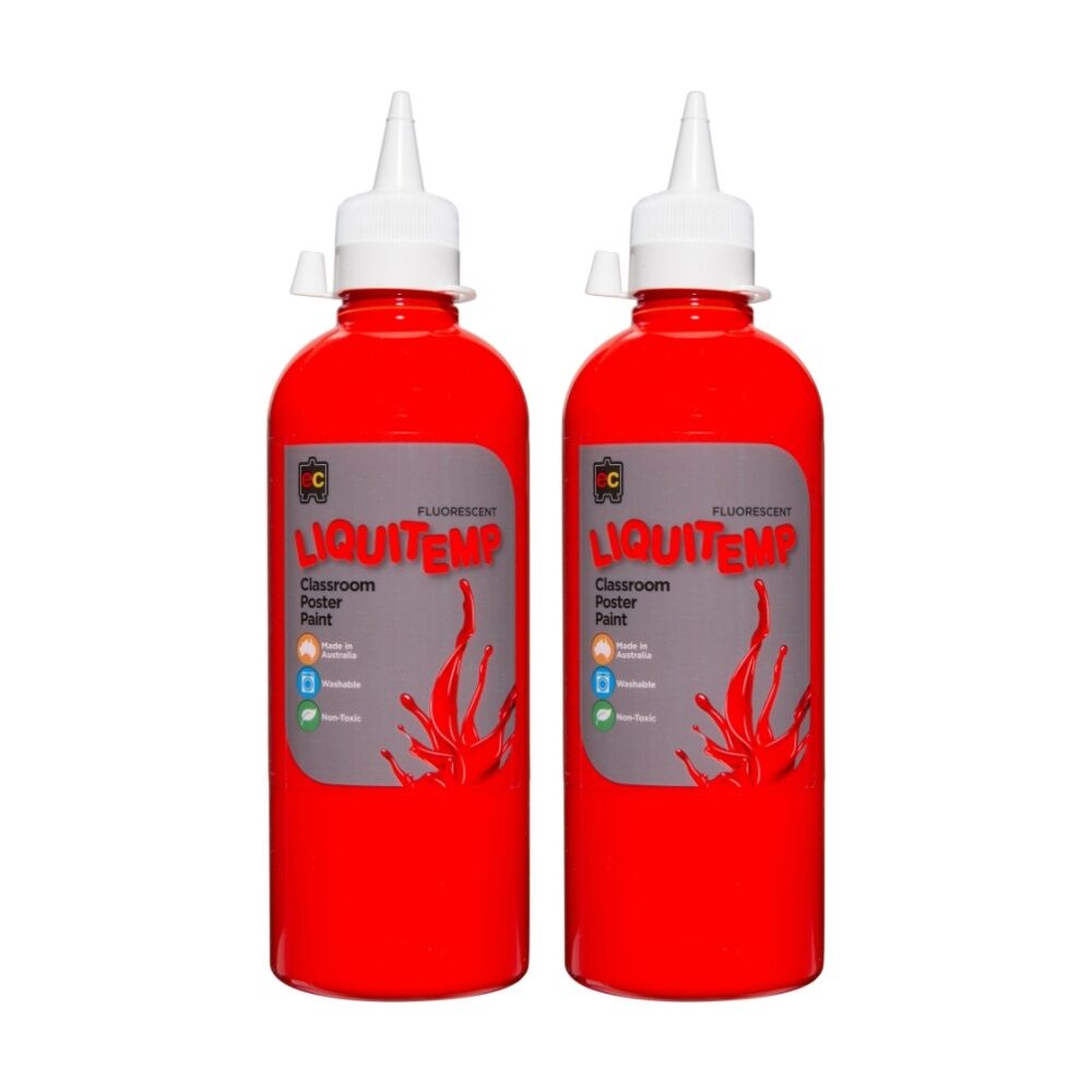 2PK Educational Colours Fluorescent Liquitemp Poster Paint Red 500ml