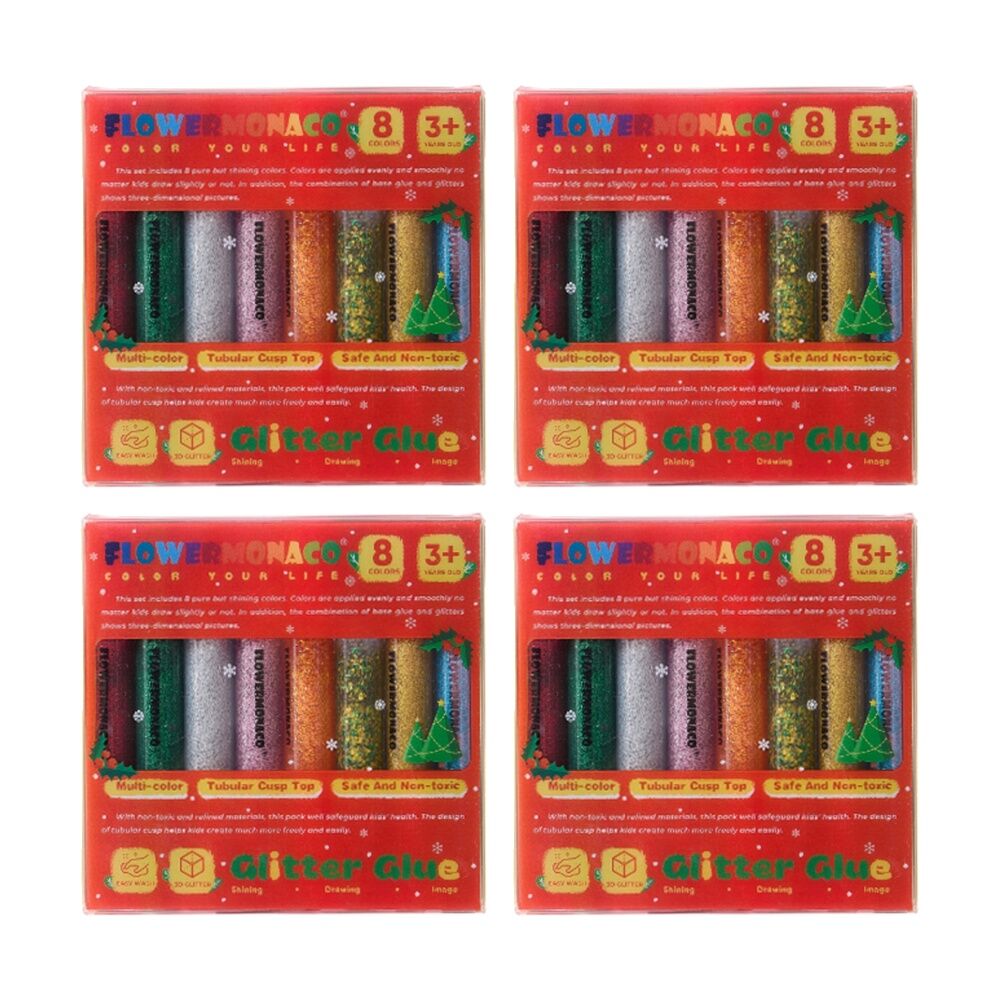 4PK Flower Monaco Glitter Glue Sparkle Effect Natural Air Dry 8 Colours 3Y+