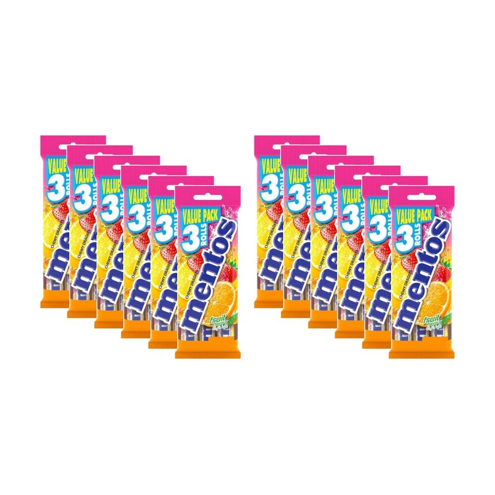 12x 3pc Mentos Fruit Roll Chewing Dragees Strawberry/Orange/Lemon Pack 29g
