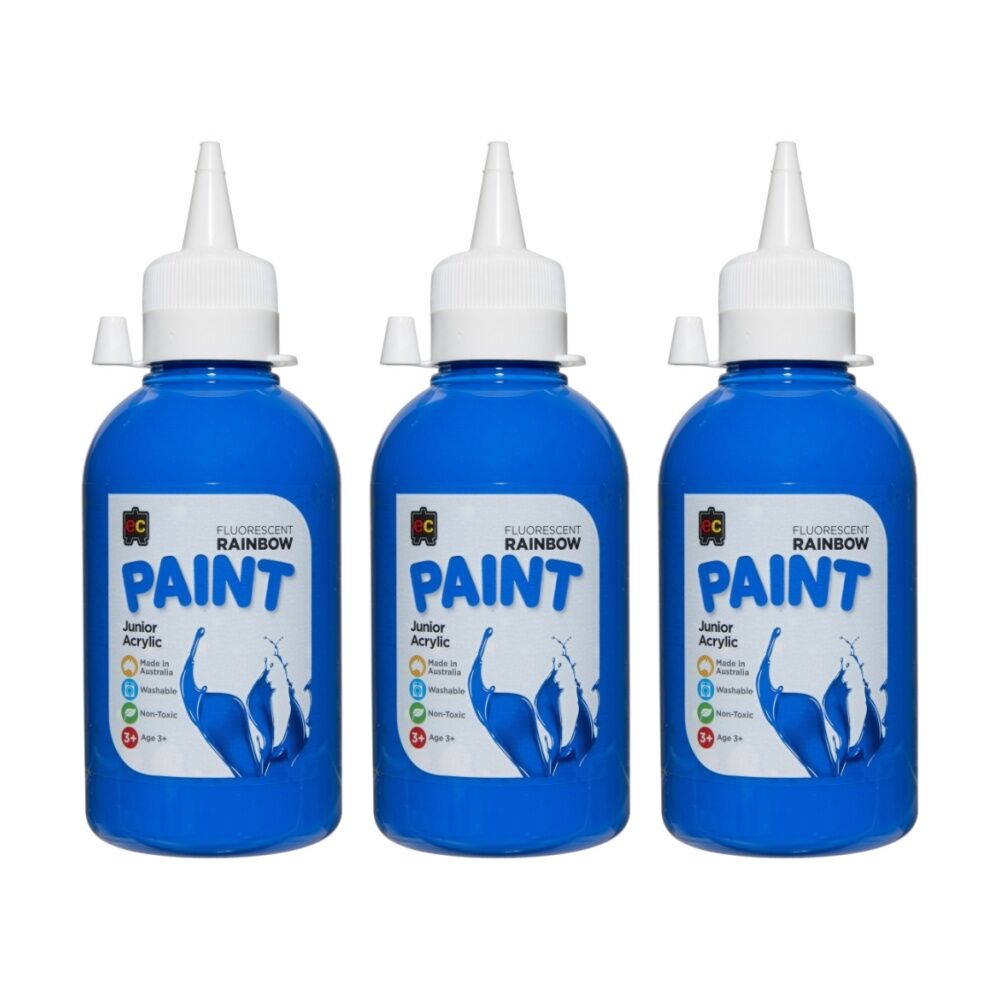 3PK Educational Colours Fluorescent Rainbow Junior Acrylic Paint Blue 250ml 3y+
