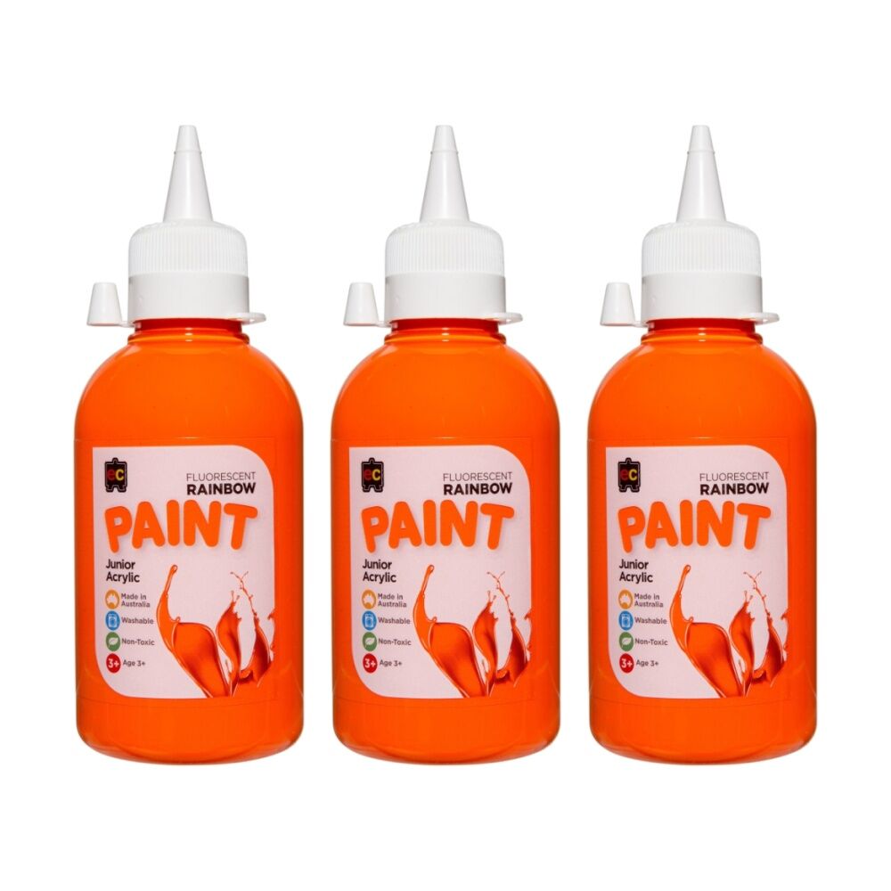 3PK Educational Colours Fluorescent Rainbow Acrylic Paint Orange 250ml 3y+