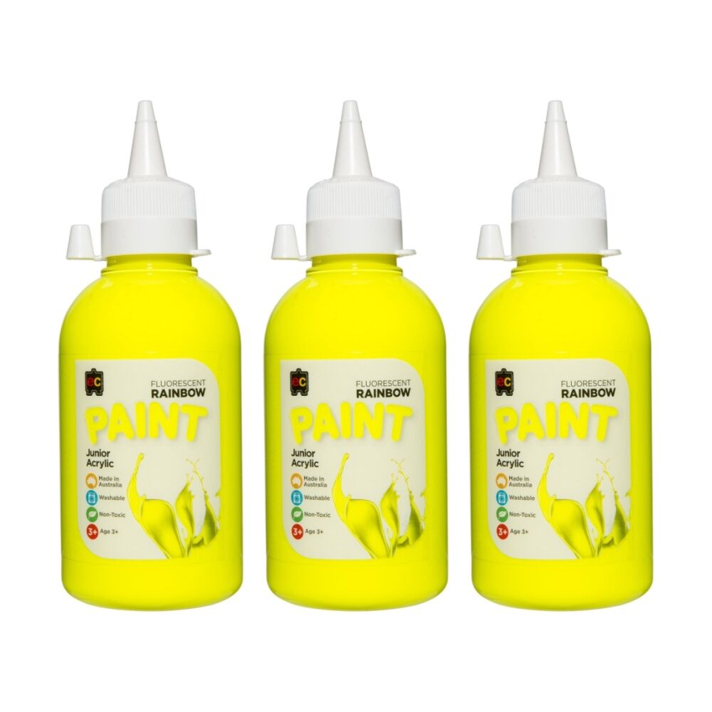 3PK Educational Colours Fluorescent Rainbow Acrylic Paint Yellow 250ml 3y+