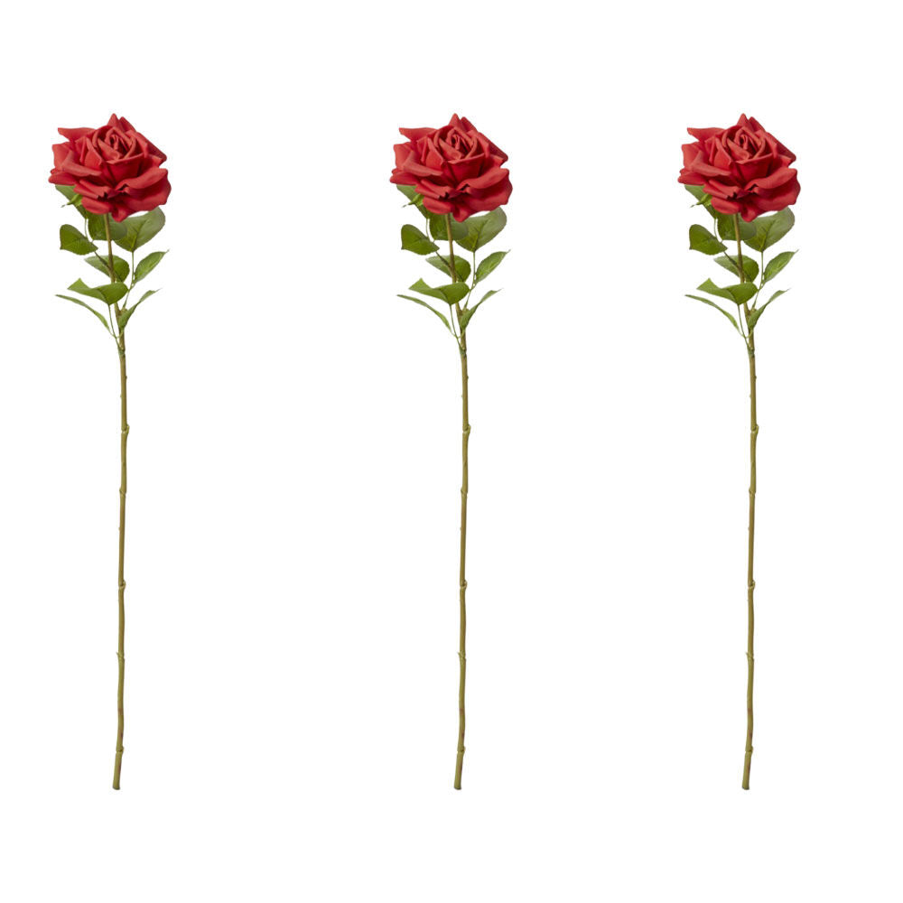 3PK E Style Rose Rosa Stem Artificial Flower Decoration Red 22x14x63cm