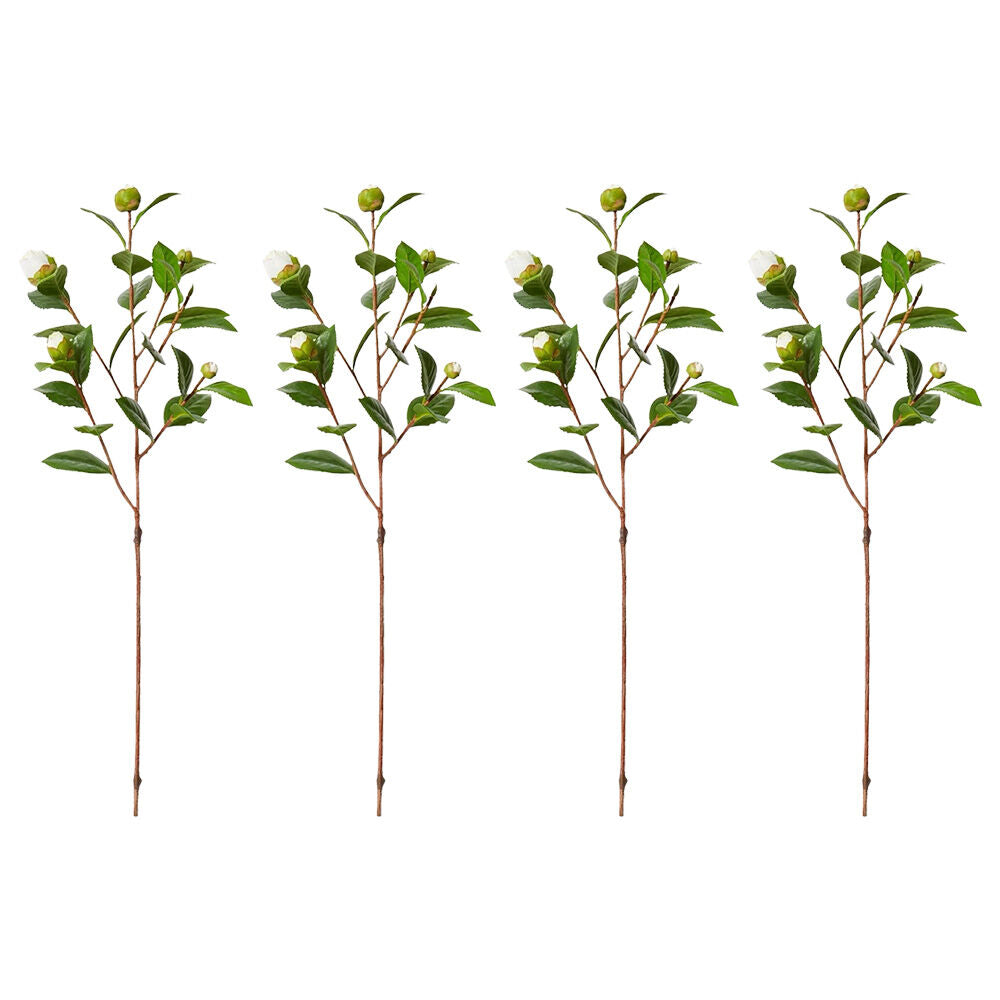 4PK E Style Camellia Bud Spray Artificial Flower Stem White Green 25x25x66cm