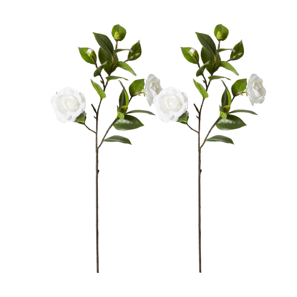 2PK E Style Camellia Spray Artificial Flower Stem White Green 30x25x69cm