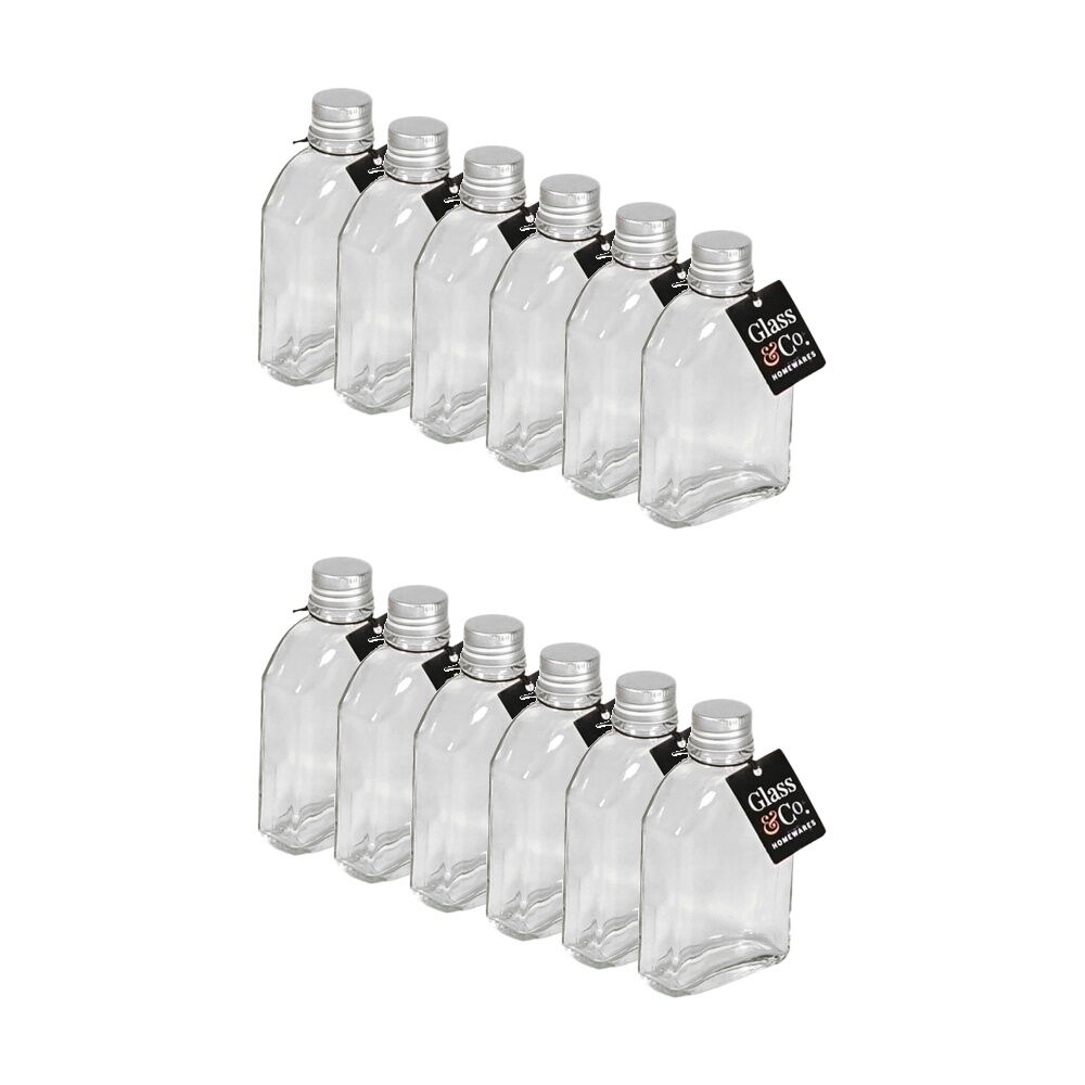 12PK Glass & Co Homeware Arch Bottle Glassware W/ Silver Lid 100ml Clear