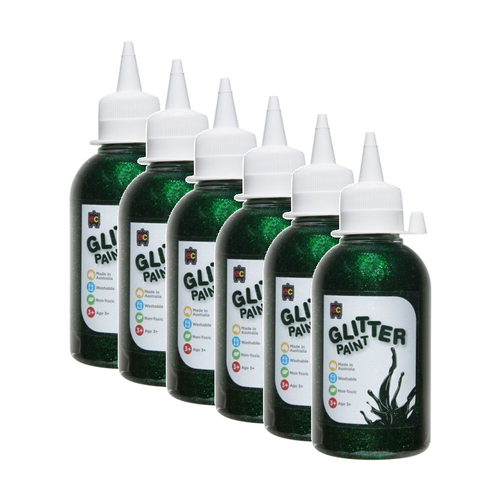6PK Educational Colours Glitter Acrylic Junior Paint Green 250ml 3y+