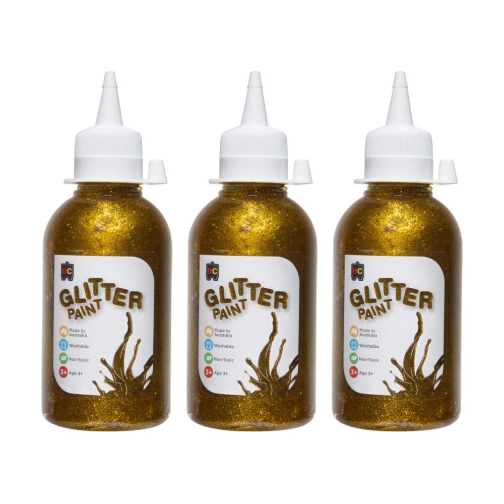 3PK Educational Colours Glitter Acrylic Junior Paint Gold 250ml 3y+
