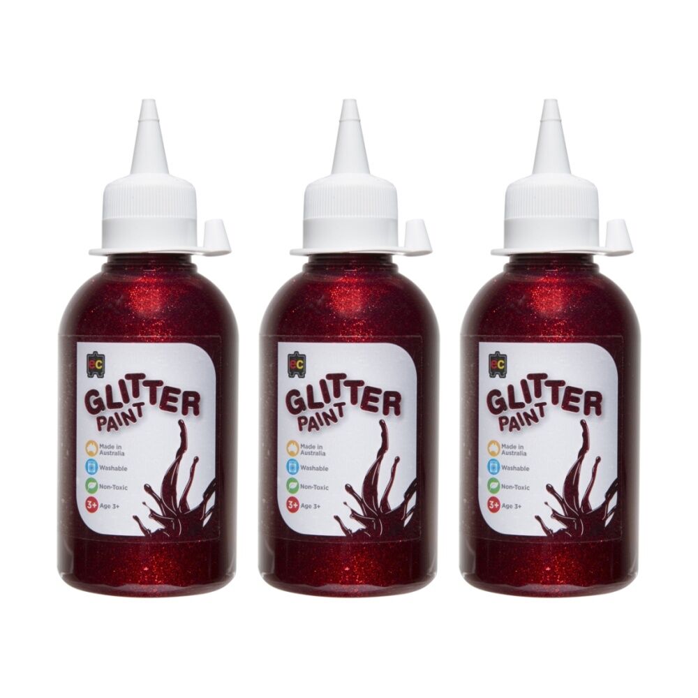3PK Educational Colours Glitter Acrylic Junior Paint Red 250ml 3y+