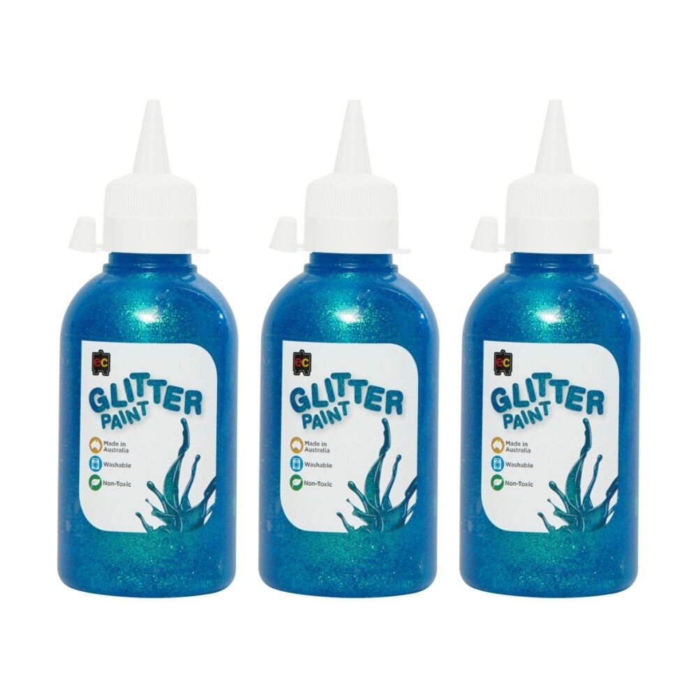 3PK Educational Colours Glitter Acrylic Junior Paint Sky Blue 250ml 3y+