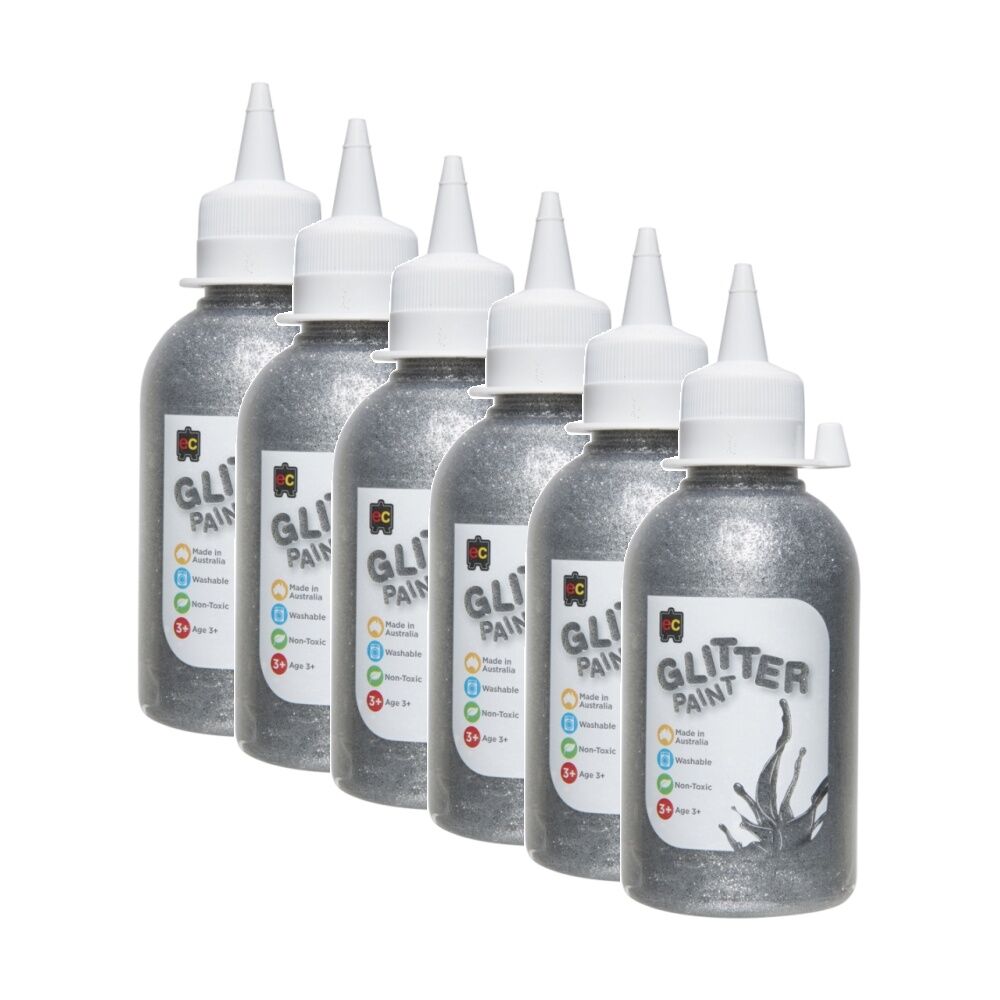 6PK Educational Colours Glitter Acrylic Junior Paint Silver 250ml 3y+