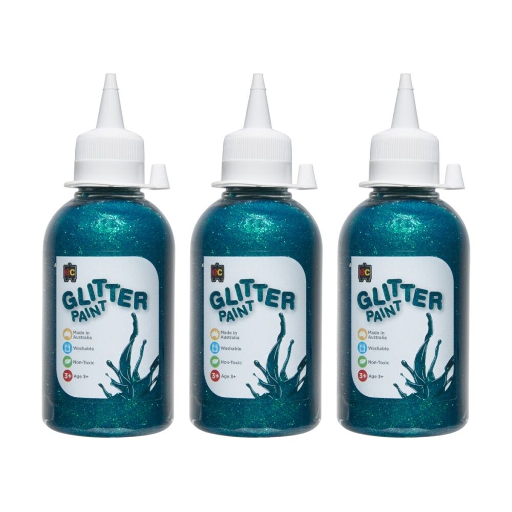 3PK Educational Colours Glitter Acrylic Junior Paint Turquoise 250ml 3y+