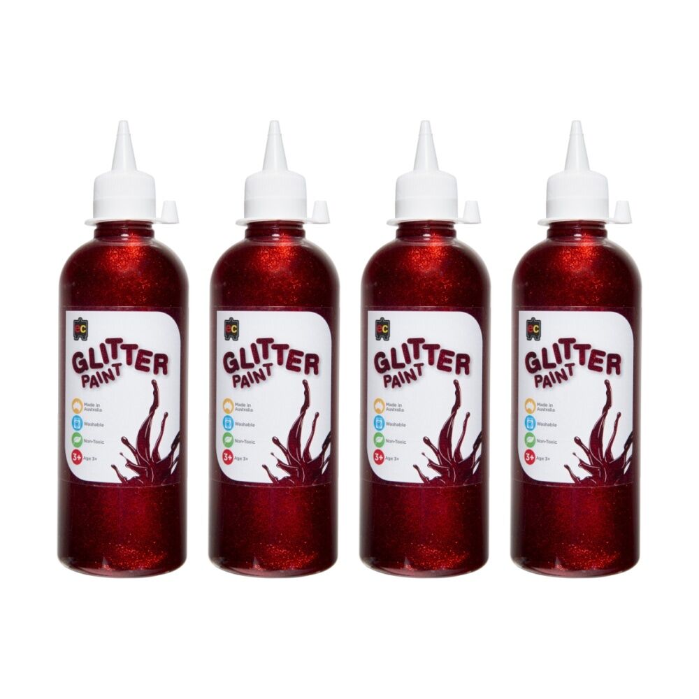 4PK Educational Colours Glitter Acrylic Junior Paint Red 500ml 3y+