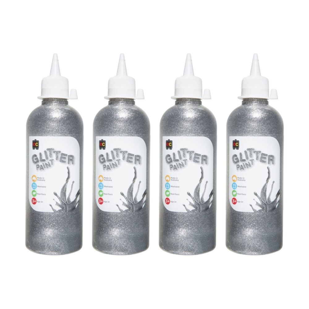4PK Educational Colours Glitter Acrylic Junior Paint Silver 500ml 3y+
