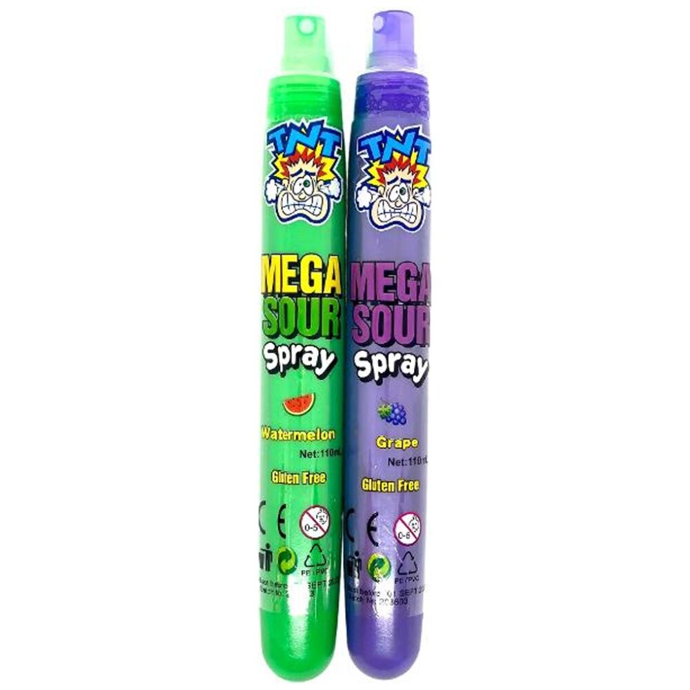 12PK TNT Mega Spray Watermelon & Grape 110ml Fruity Sour Gummies - Assorted