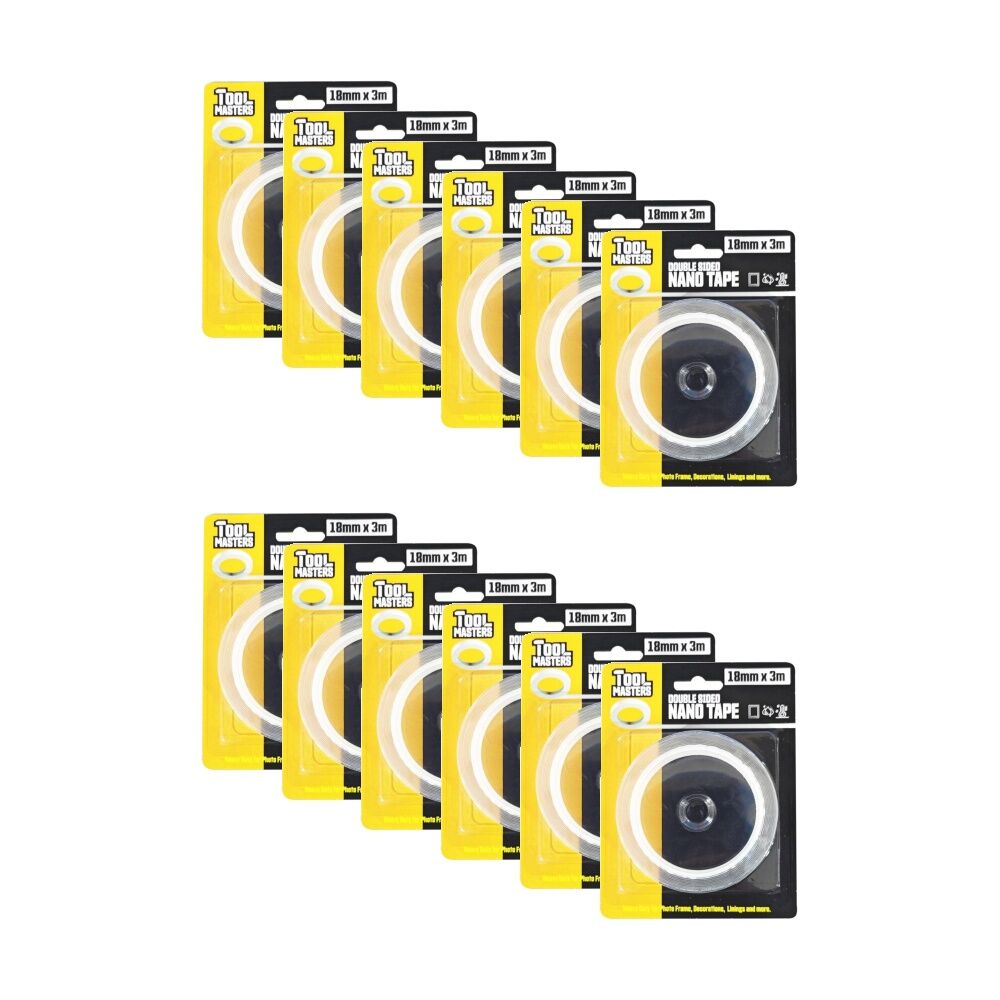 12PK Tool Masters Double Sided Nano Transparent Tape 18mm x 3m Clear
