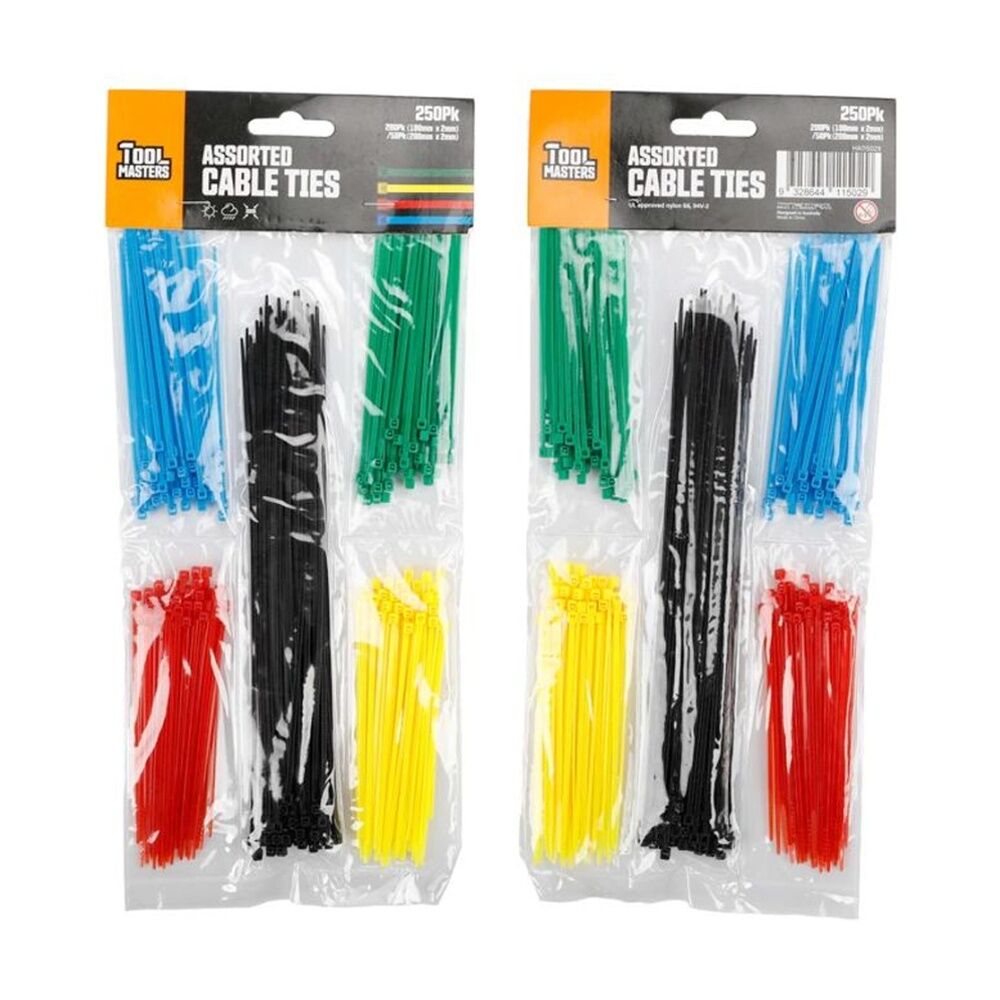 12x 250pc Tool Masters Heavy Duty Electrical Cable Ties Multi Colour